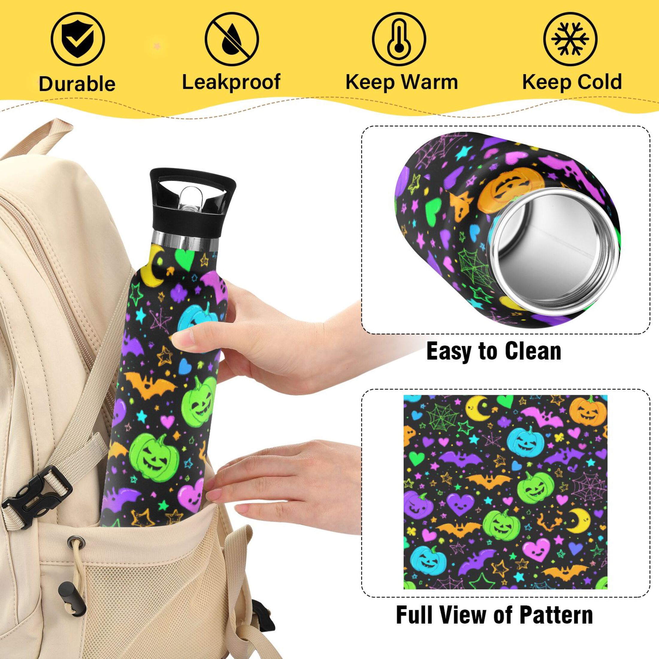 Kids Insulated Stainless Steel Sports Water Bottle 600ml (20oz) Colorful Halloween Elements