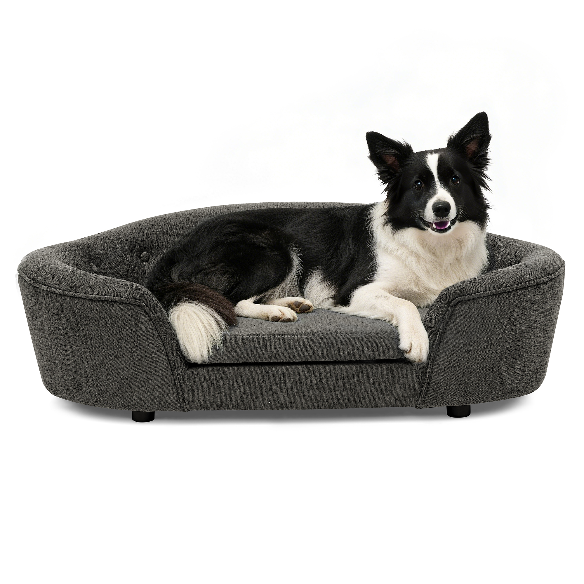 Oval Semi-Enclosed Dog Sofa, Durable Linen Material, Button-Tufted Backrest, High-Center Low-Sides Support & Plush Comfort, Dark Gray