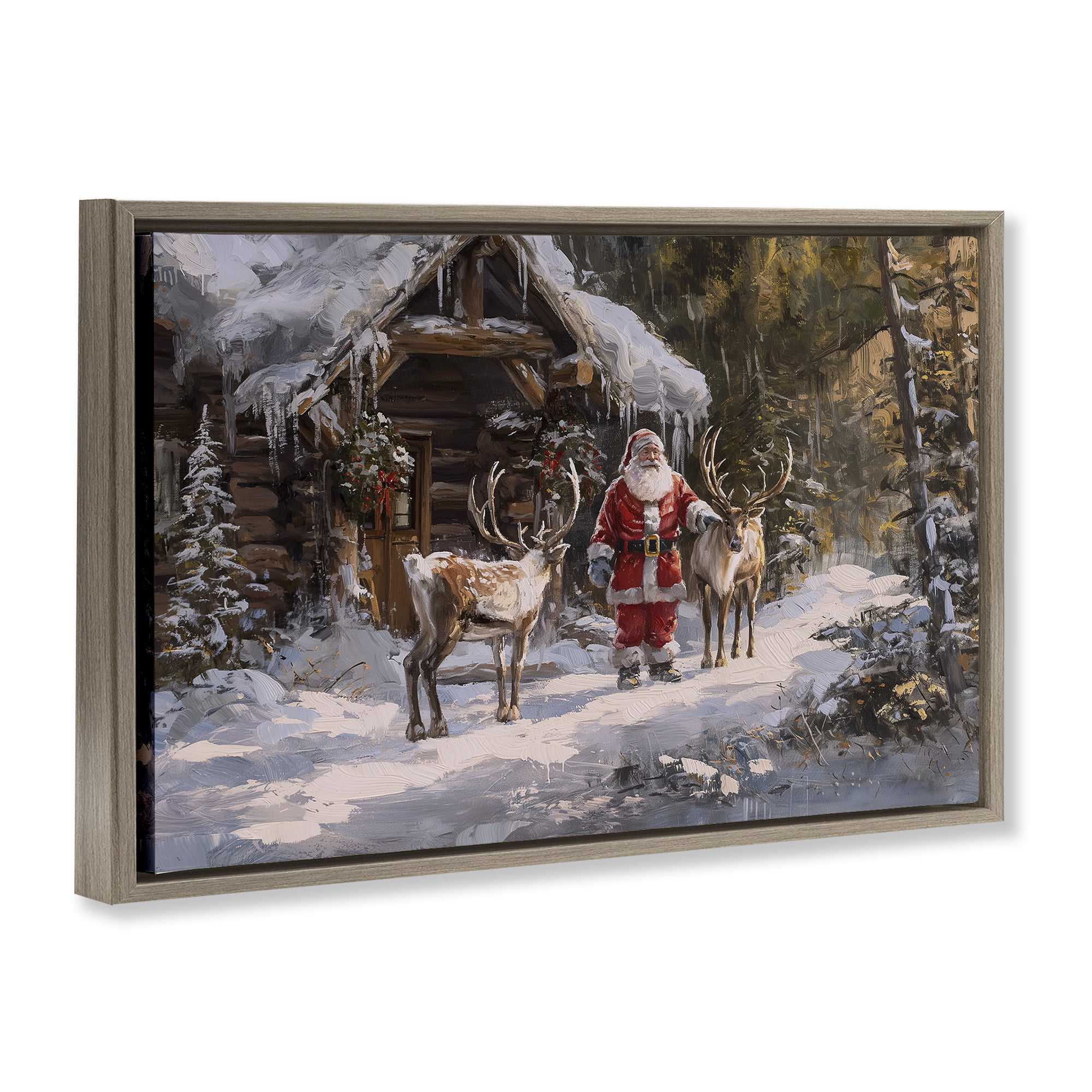 Stupell Industries Traditional Santa by Cabin Holiday Painting Brown Floater Framed Canvas Art Prints Wall Art, 25 x 17