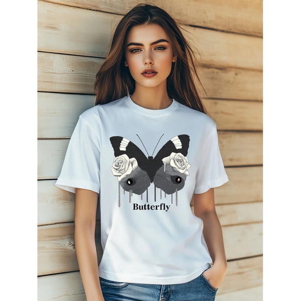 Women's Summer Casual T-Shirt Fashion Butterfly Rose Flowers Retro Style Print Short Sleeve Round-NeCamisetas de verano para mujer, manga corta, cuello redondo, casual, lindo, con gráficos, camisetas