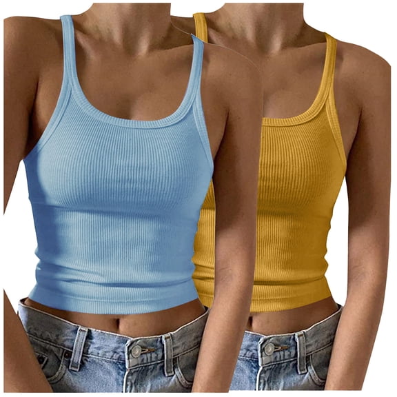 2 Pack Women Spaghetti Strap Ribbed Tank Scoop Neck Slim Fitted Camisole Blue Yellow Basic Sleeveless Layering Shirts