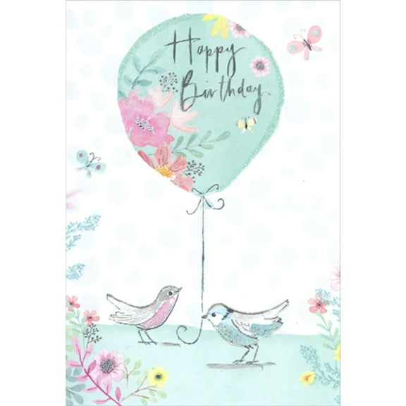 Pictura Silver Foil Lined Birds Holding Green Balloon with Floral Accents Birthday Card