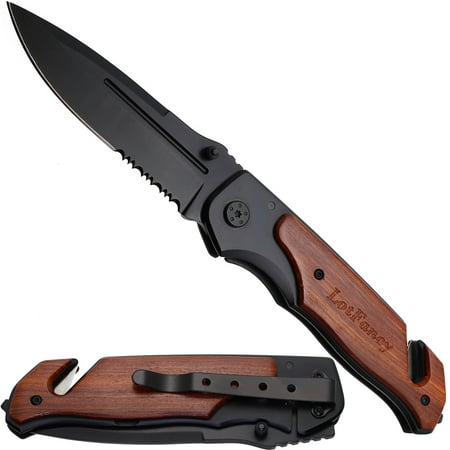 LotFancy Tactical Folding Pocket Knife for Hunting Survival Rescue, Partial Serrated Blade, Wooden Handle, 4.9” Closed (Black NO
