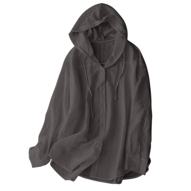 biudgviw Womens Button Down Shirt Lightweight Drawstring Long Sleeve Hooded Tops Casual Loose Sun Protection Jacket