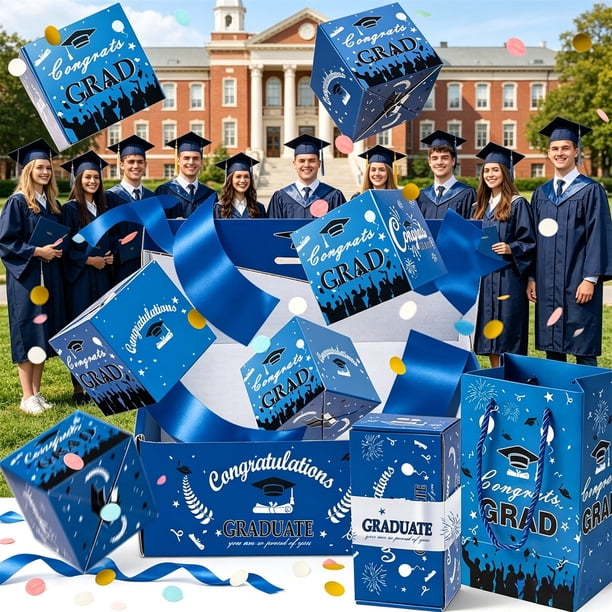 Lekihaqq Graduation Surprise Gift Box 2026 Bouncing Pop Up Box Party Favors Blue Glitter Cardboard Matching Tote Bag High School College Ceremony Graduates
