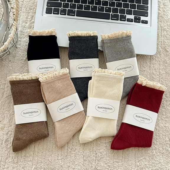 Women's Trim Ruffle Frilly Turn Cuff Socks - Cute Vintage Dress Crew Ankle Boot Socks 7Pairs