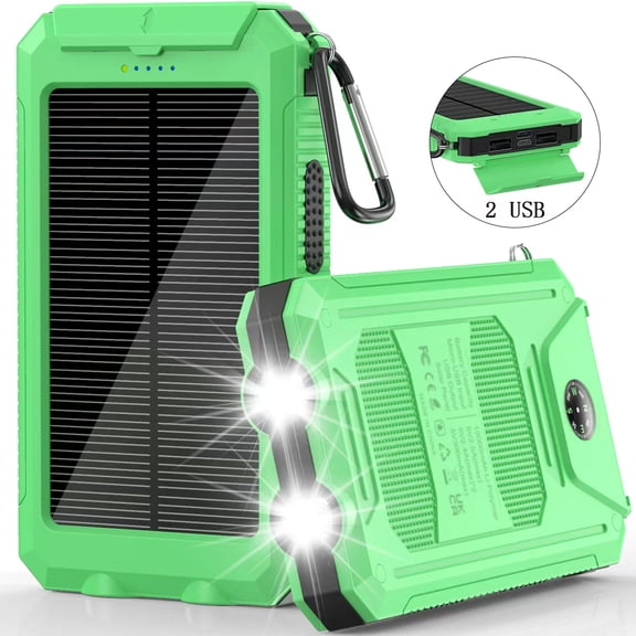 Solar Power Bank 10000mAh, Portable Charger with Dual USB Ports, LED Flashlight & Compass for Outdoor Camping
