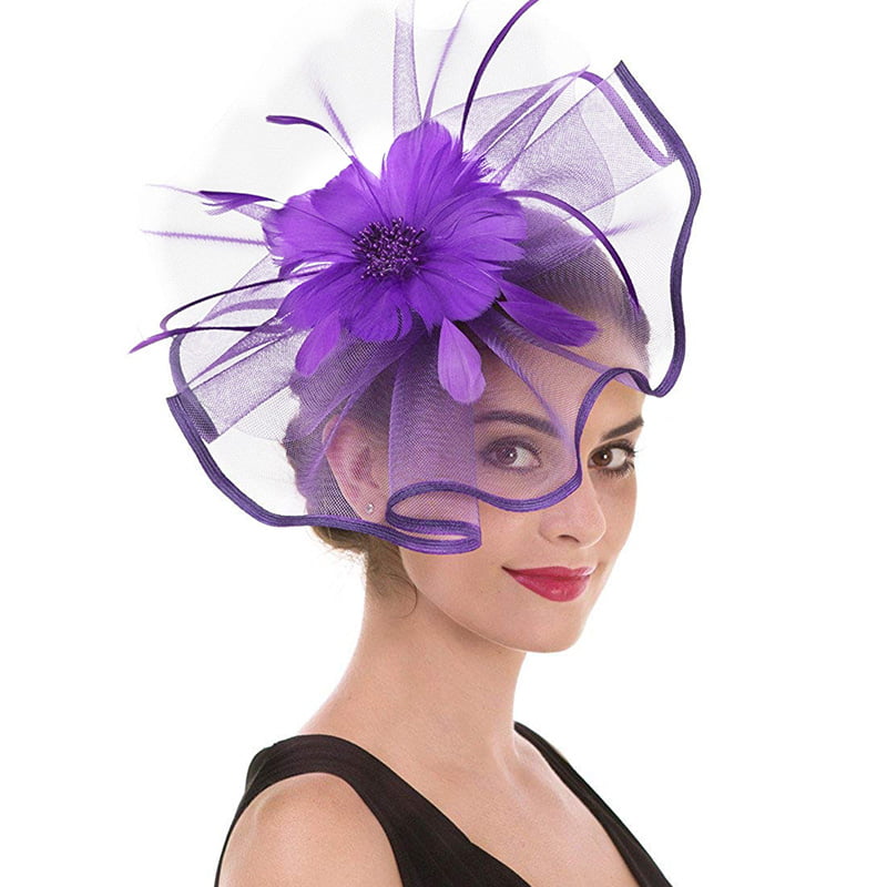 Fascinator Hat Feather Mesh Net Veil Party Hat Ascot Hats Flower Derby Hat with Clip and Hairband for Women 