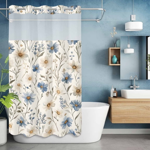 No Hook Shower Curtain with Snap in Liner, Vintage Bohemian Floral Leaf Waterproof Bath Curtain Double Layers with See Through Top Window, Spring Pastoral Wild Flower Hotel Shower Curtains 36x72in