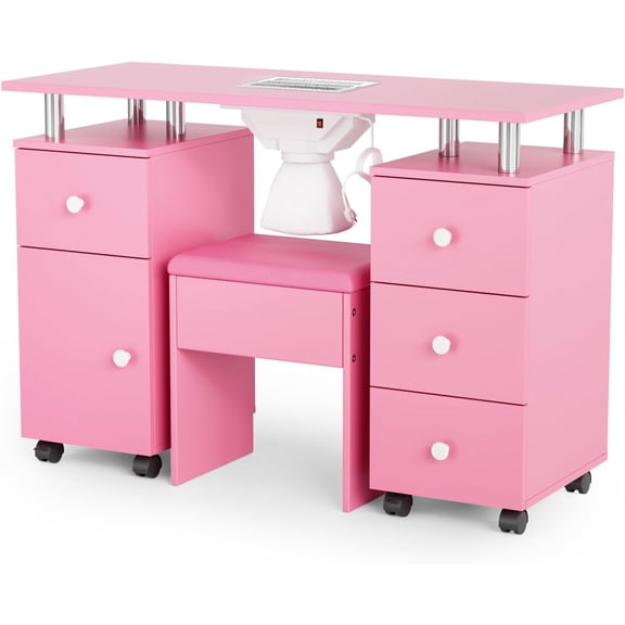 OmySalon Nail Desk and Chair Set, Manicure Table with Dust Collector, Arm Rest, 8 Wheels, Acetone Resistant Desktop, Drawers & Cabinet Storage for Makeup Beauty Salon (Pink)