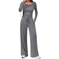 thumbnail image 3 of Women'S 2 Piece Matching Lounge Sets Fall Fashion Outfits Henley Neck Sweater Top Wide Leg Pants Sweat Suits Dark Gray M, 3 of 9