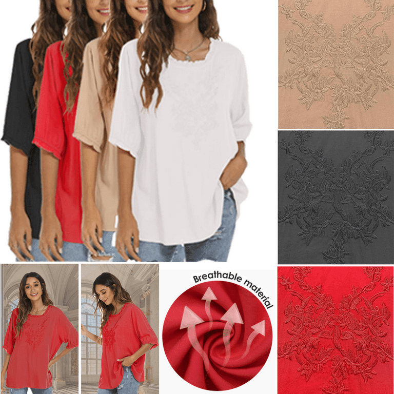 Women Boho Embroidery Linen Shirts Mexican Peasant Half Sleeve V Neck Tunic Top 2025 Summer Bohemian Loose Blouse Tee