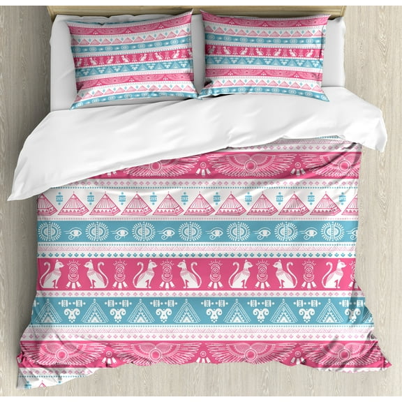 Tribal Duvet Cover Set, Egyptian Cats Wings Pyramids Triangles Historical Pattern, Decorative 3 Piece Bedding Set with 2 Pillow Shams, King Size, Pale Blue Pink White, by Ambesonne