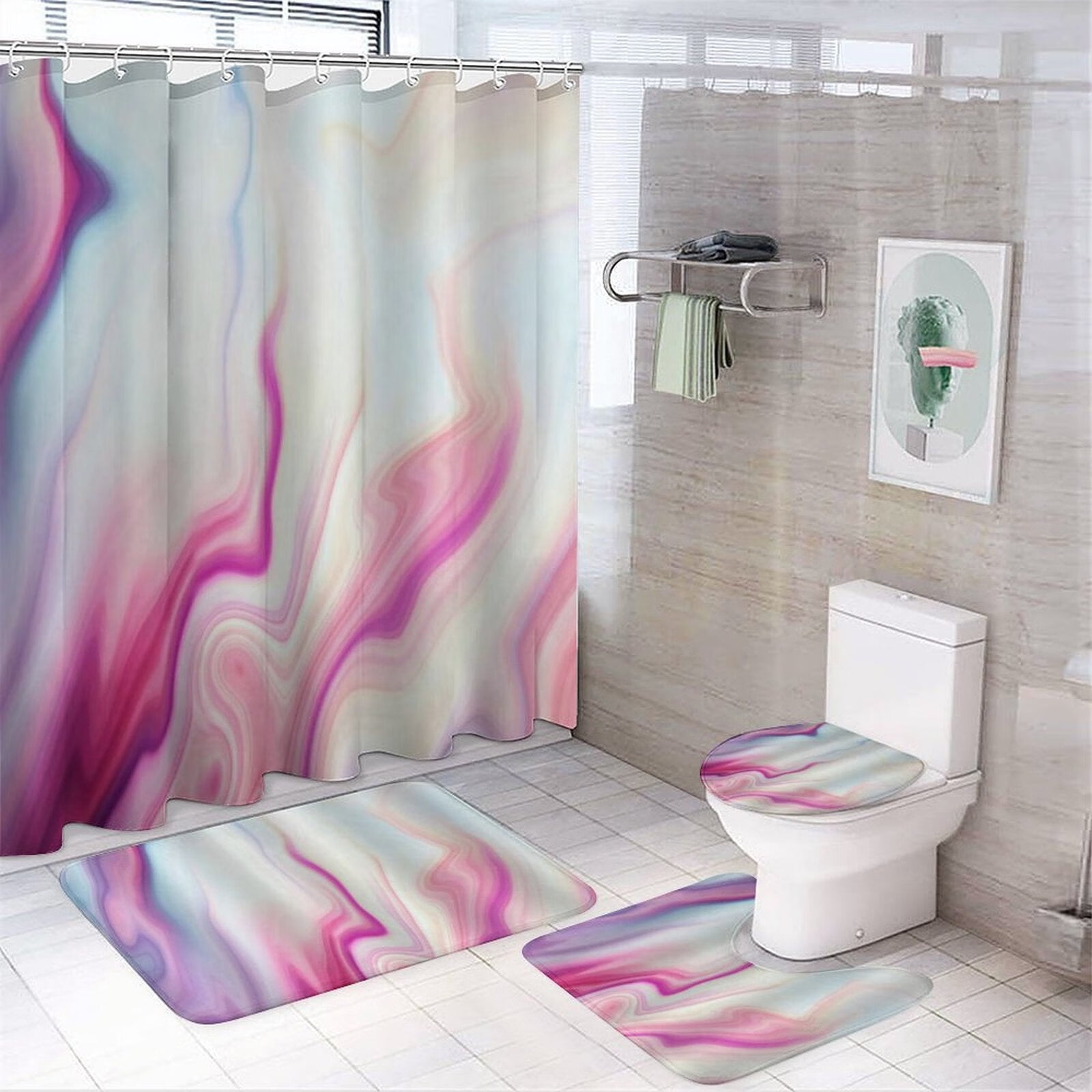 4Pcs Marble Shower Curtain Sets with Rugs Purple Bathroom Sets Marble