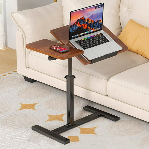 Buric C-Shape Height Adjustable Partition Side Table, 360° Swivel Small Side Table for Sofa, Living Room, Bedroom and Office. Walnut