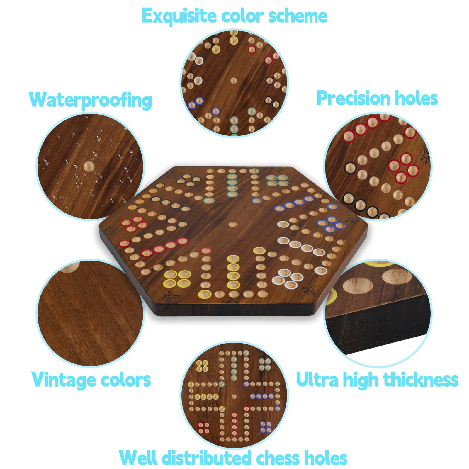 Grhonior 20 in Wooden Fast Track Board Game Original Wahoo Board Game for 6 and 4 Players with Marbles and Dices Burnt Color Board Marble Game