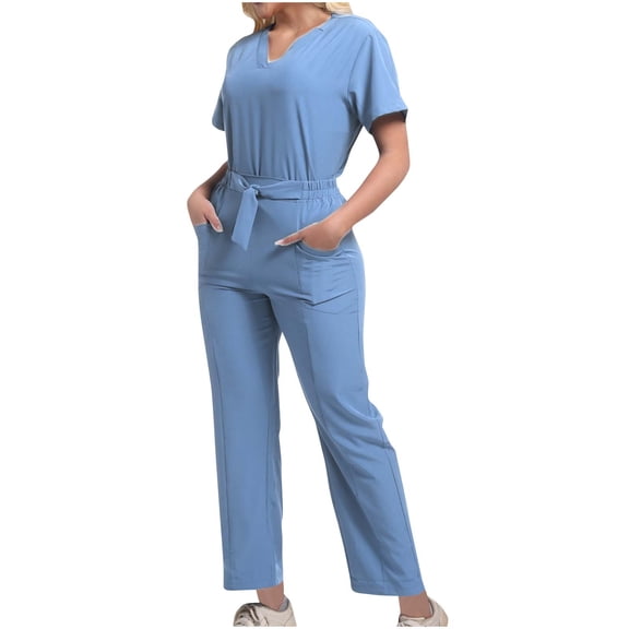 Nfurl Scrubs Sets for Women 2 Piece Short Sleeve V Neck Scrubs Tops Elastic Waist Pants with 2 Pockets Nurse Uniform Set Workwear Light Blue XXL