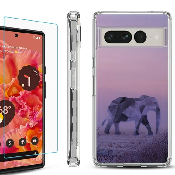 Shockproof Bumper Phone Case for Google Pixel 7 Pro, with Tempered Glass Screen Protector, by OneToughShield ® - Twilight Elephant