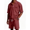 thumbnail image 2 of Men's Waffle Shirt and Shorts Set 2 Piece Outfits Casual Summer Tracksuits Set with Pockets Wine 2XL, 2 of 4