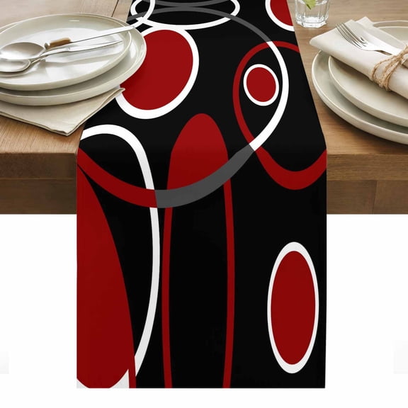 Black Red Table Runner - 90 Inch Long, Kitchen Dining Table Runner Dresser Scarves, White Circle Geometric Abstract Texture Farmhouse Decor for Coffee Tables Wedding Party Banquet