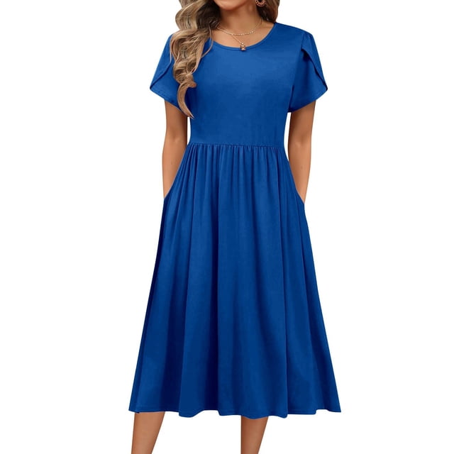 Hyknon Robes pour Femmes Mode Couleur Unie Manches Courtes Poches Col Rond Robe Décontractée Douce Fluide Ample