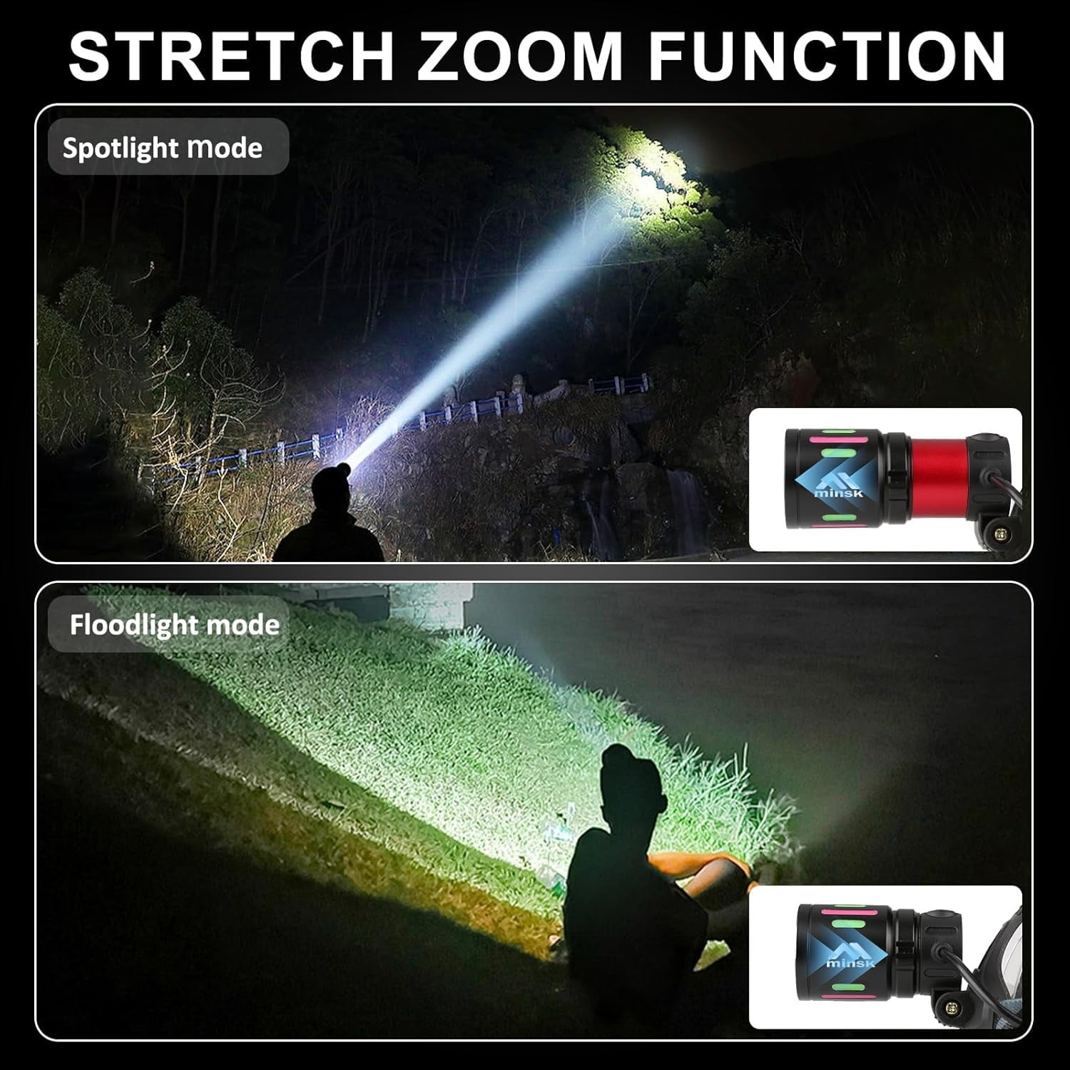 USB Rechargeable LED Headlamp Zoomable 3 Modes 30W Super Bright Head Lamp with 2 x 18650 Batteries Type-C Charging 90 °   Swivel Head for Camping Hiking Fishing Work Emergency Night Gear