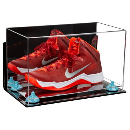 Acrylic Large Shoe Display Case for Basketball Shoe Soccer Cleat Football Cleat with Mirror, Wall Mount, Blue Risers and Clear Base (A013-BLR)