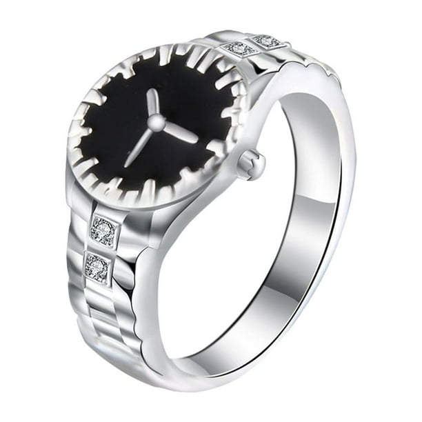 EeaseMX Anillo con forma de reloj para pareja, elegante y creativo, para fiesta, cumpleaños, boda, promesa, joyería, decoración, regalo, talla 7 (plata)
