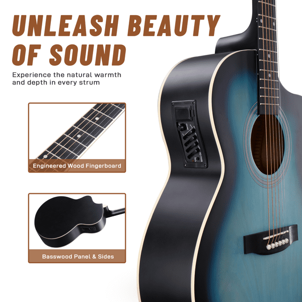 41in Basswood Panel Matte Edging Folk Guitar with 15W Amplifier Bag Tuner and other Accessories Rubbed Blue
