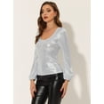 thumbnail image 4 of DARING DIVA Metallic Shimmer Glitter Bishop Sleeve Top Shirt XS Silver, 4 of 6