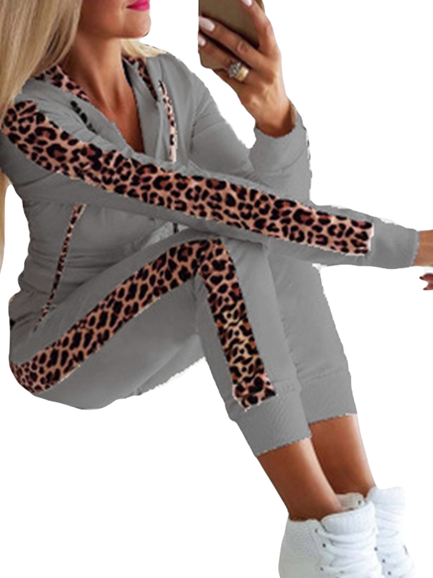 Sexy Dance Women Long Sleeve Leopard Tracksuit Hoodie Sweatshirt Joggers Pants 2pcs Sets Lounge Wear Casual Sport Suit Ladies Stylish Outfit, Women's,