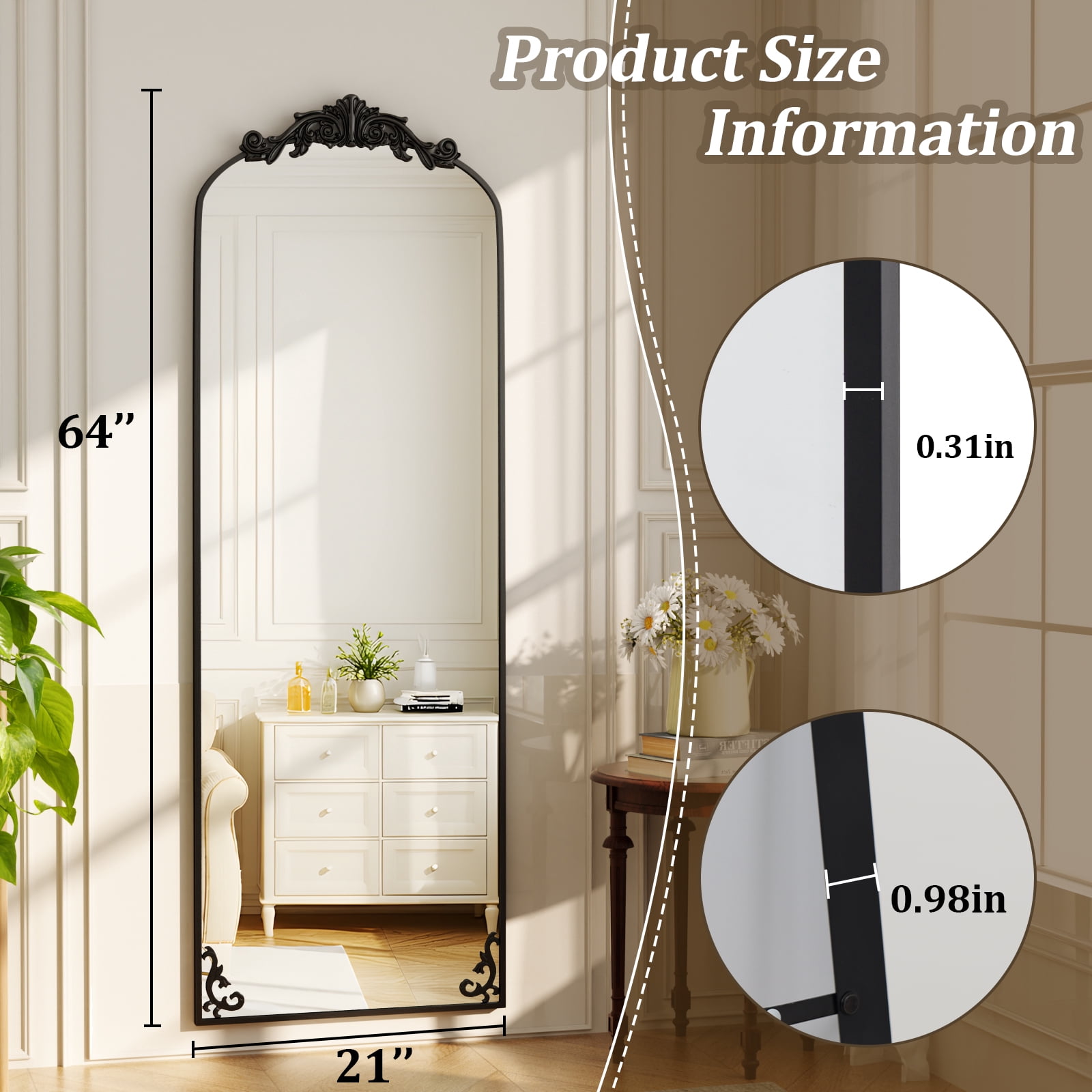 ‌Auromir‌ 21"x64" Vintage Arched Full Length Mirror Antique Metal Floor Mirror with Baroque Style, Black