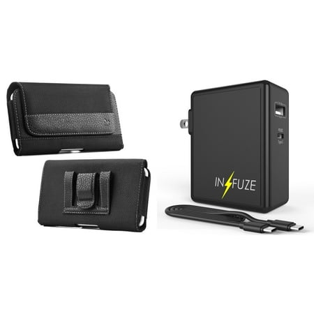 

Holster and Wall Charger Bundle for TCL 30 Z: PU Leather Nylon Belt Pouch Case (Black) and 45W Dual USB Port PD Power Delivery Type-C and USB-A Power Adapter