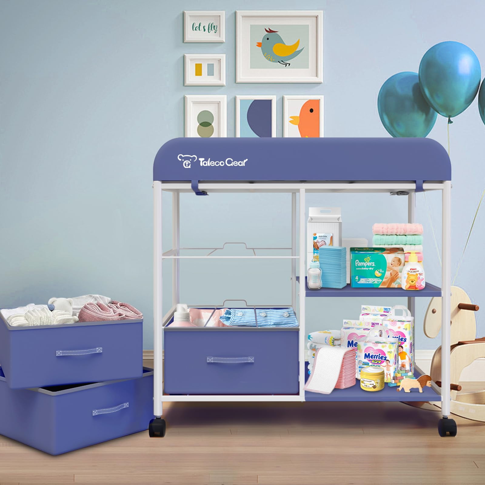 G TALECO GEAR Baby Changing Table, Portable Diaper Changing Station with Wheels, Nursery Organizer for Newborn and Infant, Blue