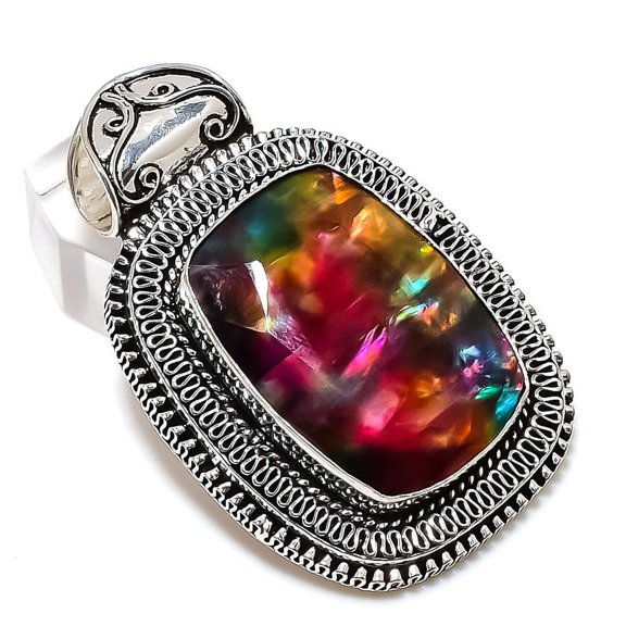Natural Ammolite Gemstone Handmade 925 Sterling Silver Gift Pendant 2.17"