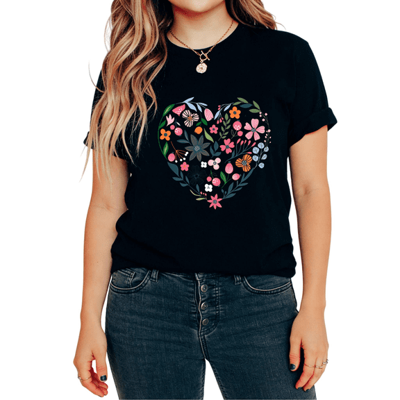 Women's Floral Heart Shape Wildflower Botanical Graphic Tops Short Sleeve T-Shirt Simple Minimalist Tees