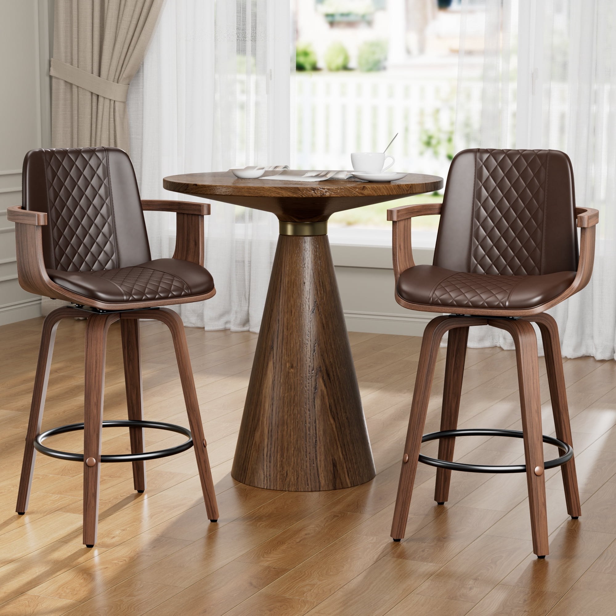 LainTene Bar Stools Set of 4, 26" Bentwood Barstools with Arms High Back, Mid-Century Modern Counter Height Swivel Bar Chairs for Kitchen Island