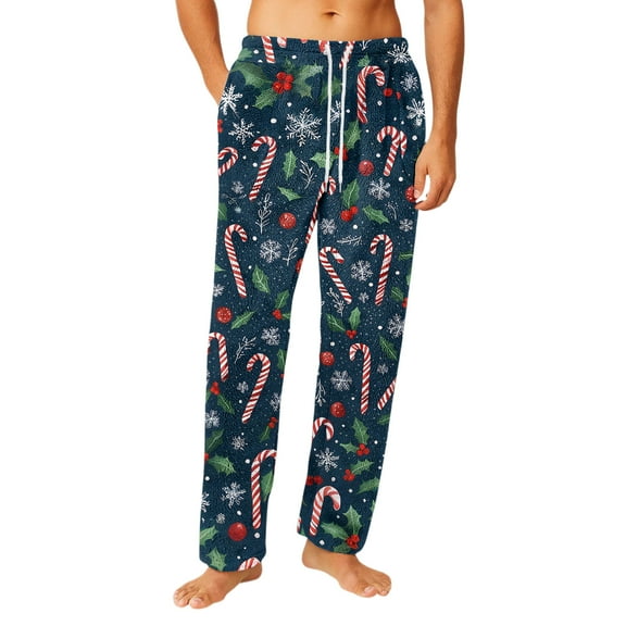 Fabrcox Christmas Pj Pants for Men Wide Leg Warm Pj Bottoms Christmas Tree Printed Soft and Comfortable Christmas Lounge Pants Navy M
