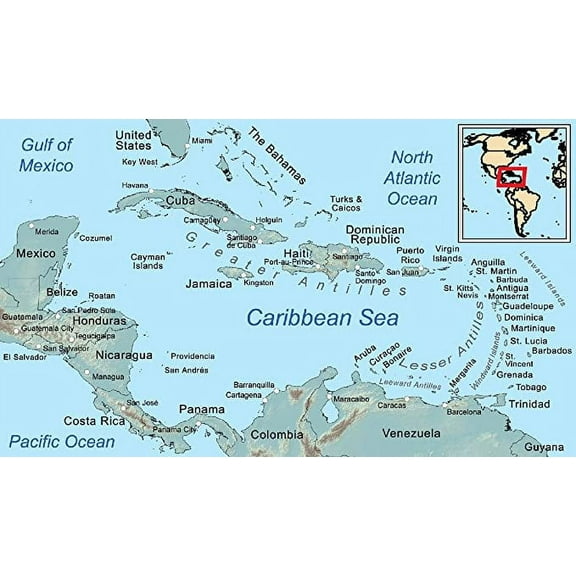 Iconic Arts Laminated 23x13 Poster Caribbean General map