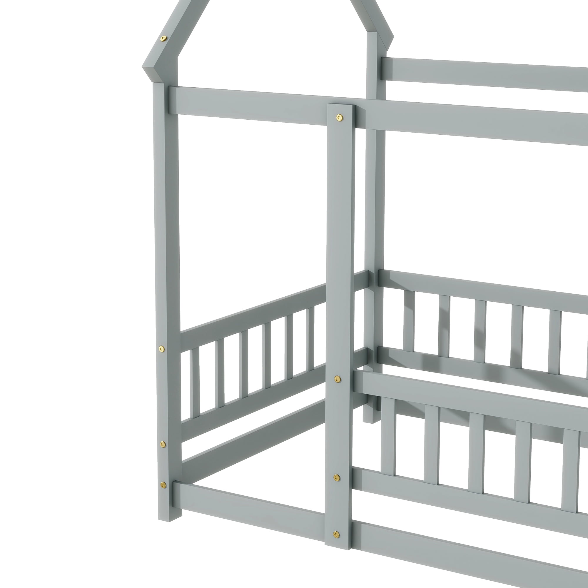 Aukfa Twin Size House Bed with Roof, Wood Floor Bed Frame with Fence for Kids Toddler, Gray