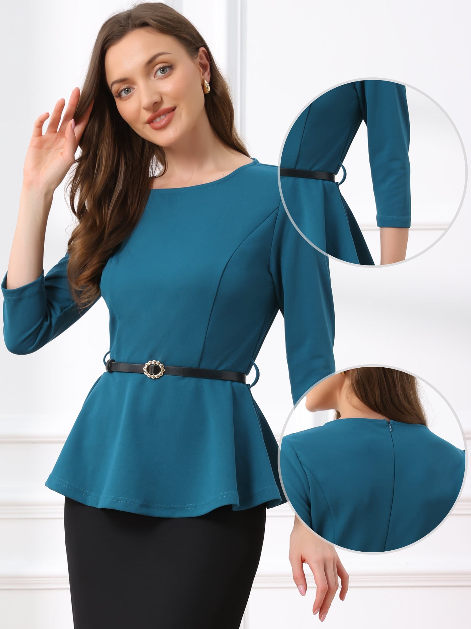 DARING DIVA Women's Round Neck 3/4 Sleeve Elegant Work Peplum Tops XS Lake Blue