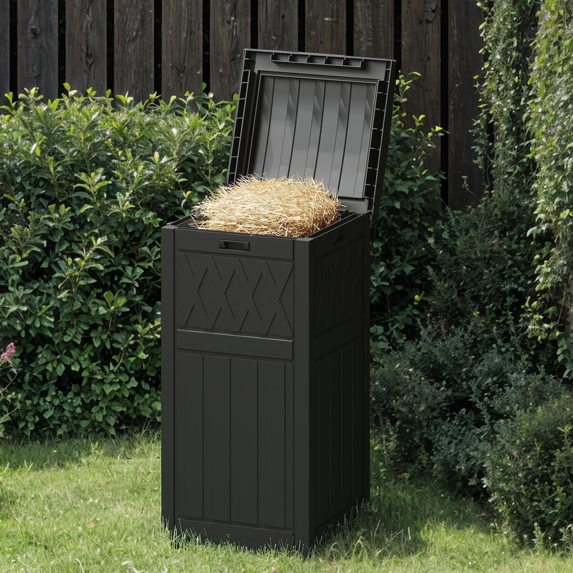 Uforic 33 Gallon Outdoor Trash Can, Layered Lid with Drip Tray, Waterproof Garbage Bin for Patio, Deck, Backyard, Black