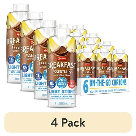 (4 pack) Carnation Breakfast Essentials Light Start Nutritional Drink, Chocolate, 8 FL OZ Carton (6 Pack)