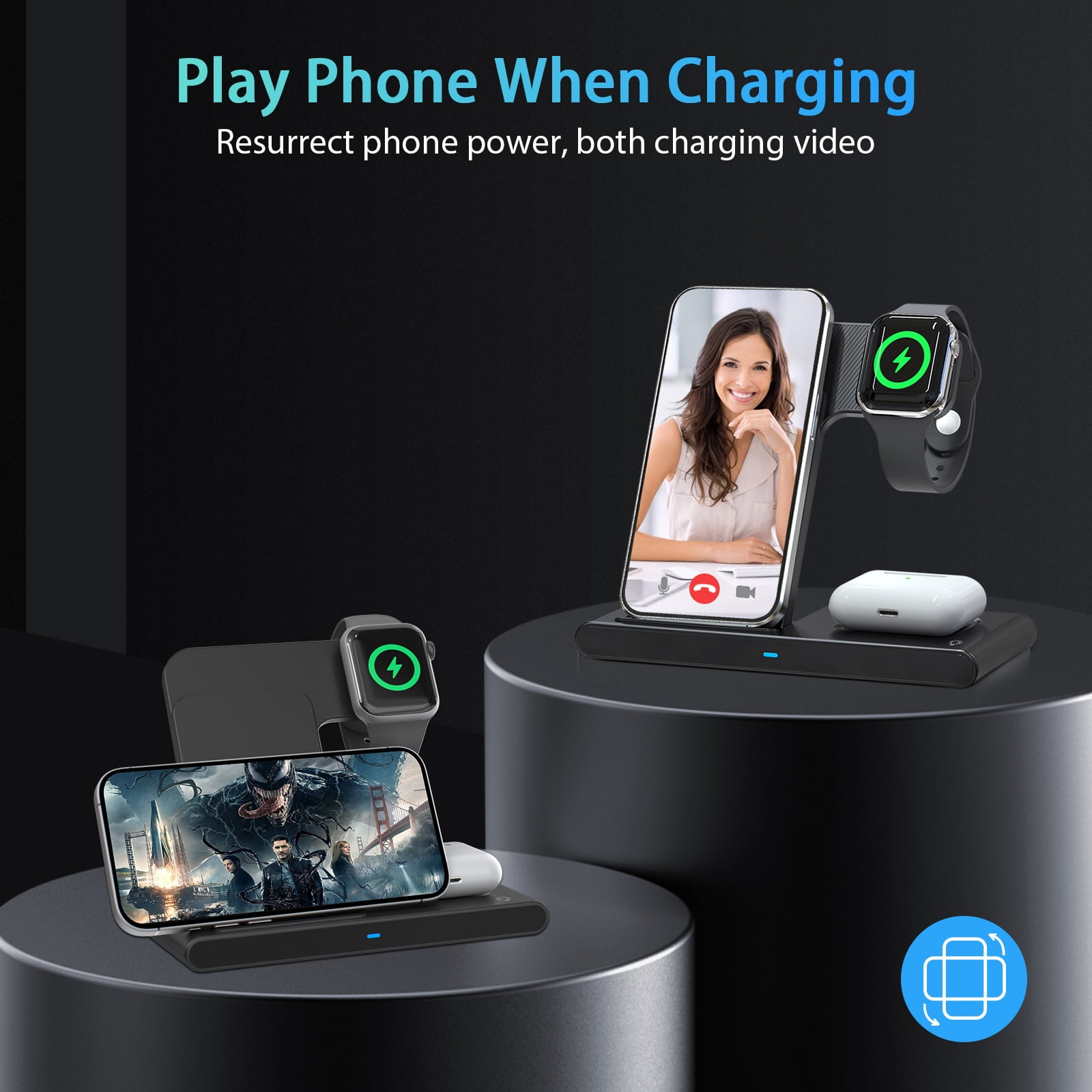 15W Fast Wireless Charger Station for iPhone 16 15 14 13 12 11 Pro Max SE X,,3 in 1 Charging Stand for Apple Watch, for AirPods 4 3 2 Pro, Multi Device Charger(Black)