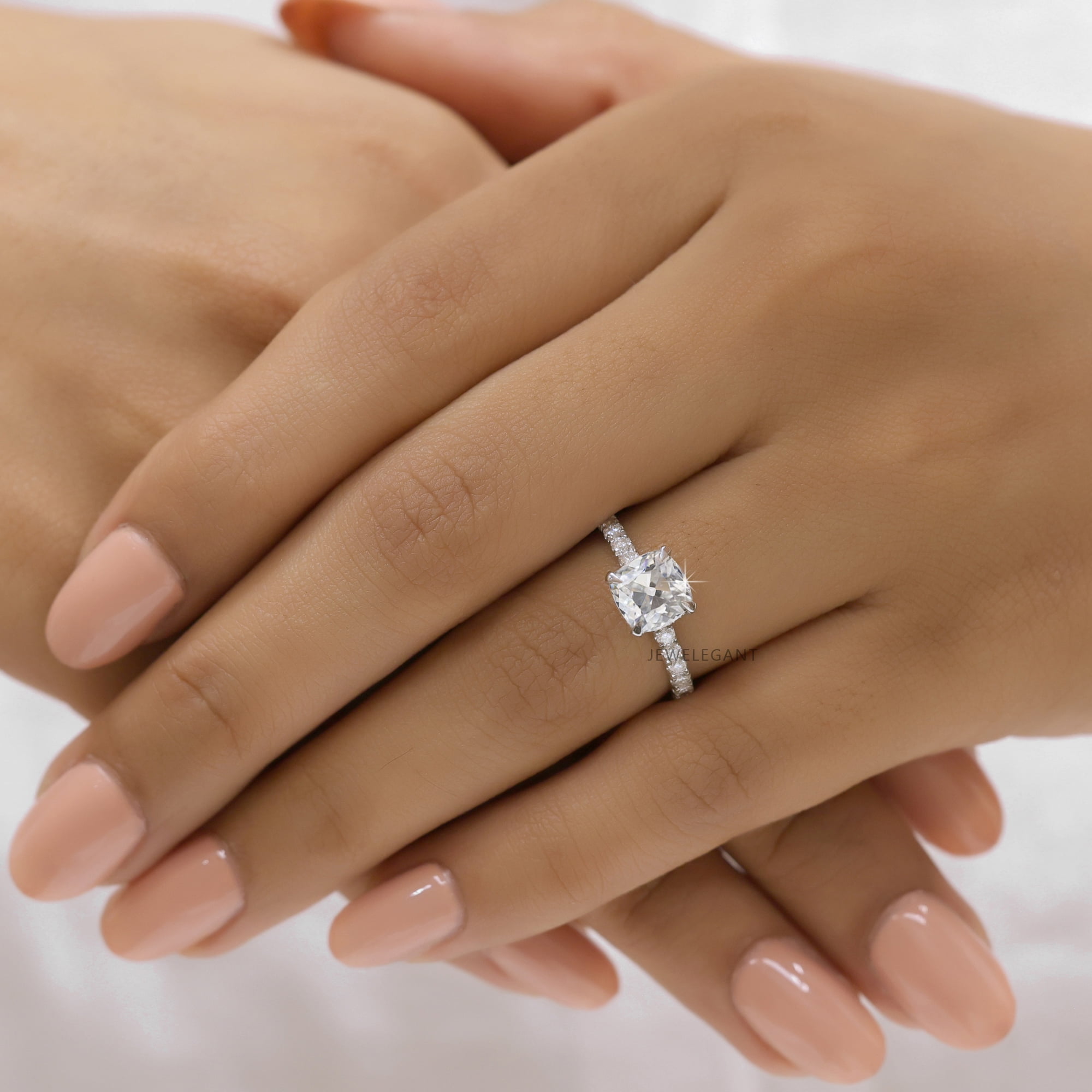 JEWELEGANT 2 Ct Square Cushion Moissanite Diamond Low Profile Engagement Ring for Women