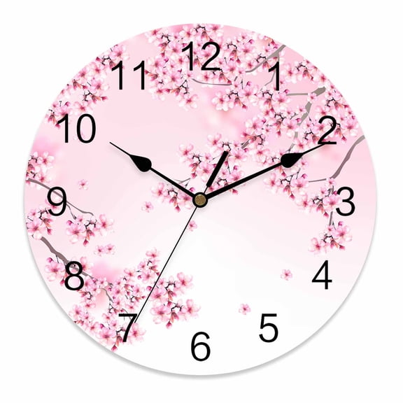Wall Clock 12 Inch Pink Cherry Blossom Round Silent Decorative Wall Clocks Battery Operated for Living Room Bedroom Kitchen Classroom Decor, Watercolor Spring Flowers,Large
