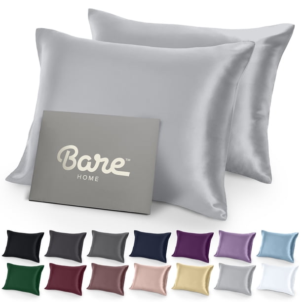Bare Home Juego de Fundas de Almohada de Satén Fundas de Almohada de Lujo, Suaves y Lisas, Transpirables, Cierre Tipo sobre, tamaño king 20 x 36, Color Plateado
