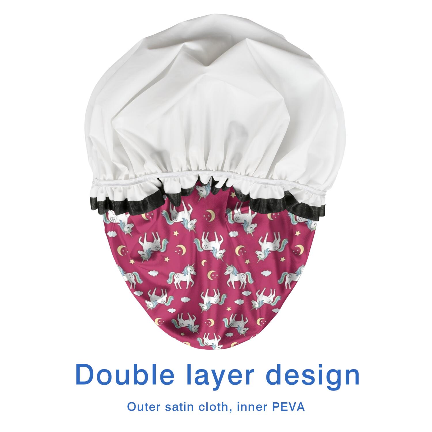 Shower Caps,Red Cartoon Unicorn Moon Star Cloud Pattern Waterproof Shower Cap for Women 4 Pieces,Double Reusable Hair Cover for Shower PEVA Elastic Stretch Hem