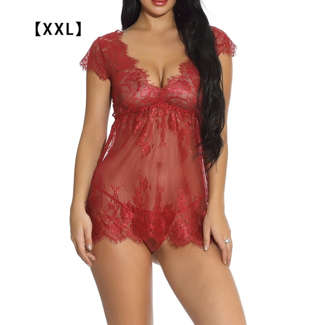 Vestido de ropa de dormir con perspectiva de encaje para mujer Ropa interior de lencería sexy, rojo vino, XXL Eigraketly XX000076-19