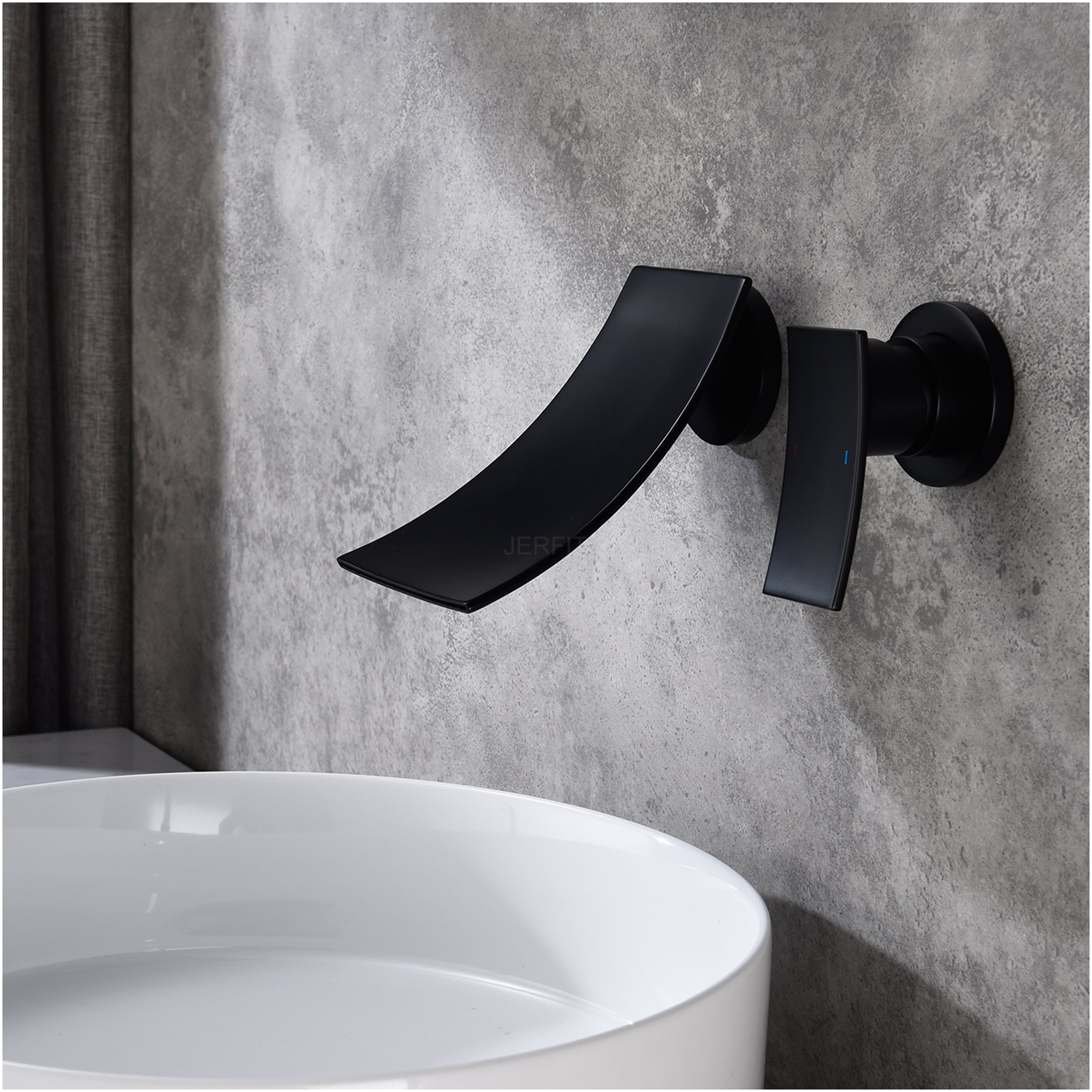 JERFIT Wall Mount Waterfall Bathroom Faucet, Matte Black Widespread Brass Spout Faucet for Vessel Sink, Bathtub